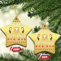 Gold star-shaped Christmas ornament with red “Merry Gothmas” gothic graphic, hanging loop