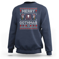 Navy crewneck sweatshirt with 'MERRY' 'GOTHMAS' spider skull holiday graphic
