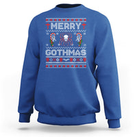 Royal blue crewneck sweatshirt with 'MERRY' 'GOTHMAS' spider skull holiday graphic