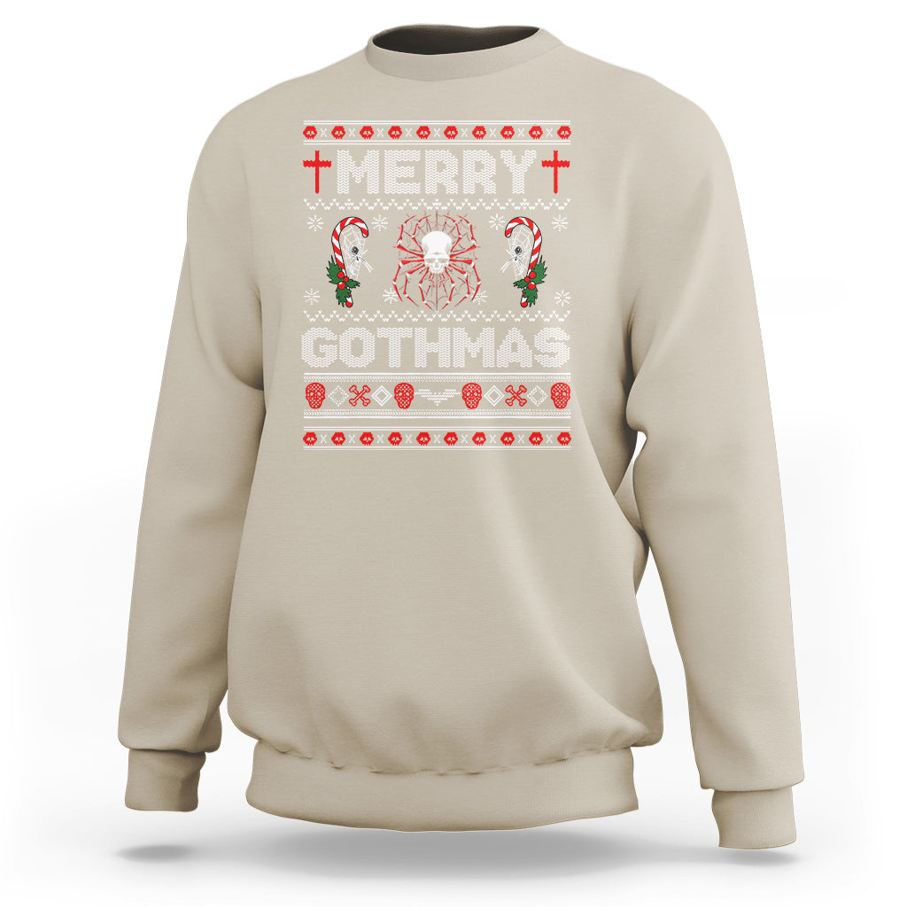 Tan crewneck sweatshirt with 'MERRY' 'GOTHMAS' spider skull holiday graphic