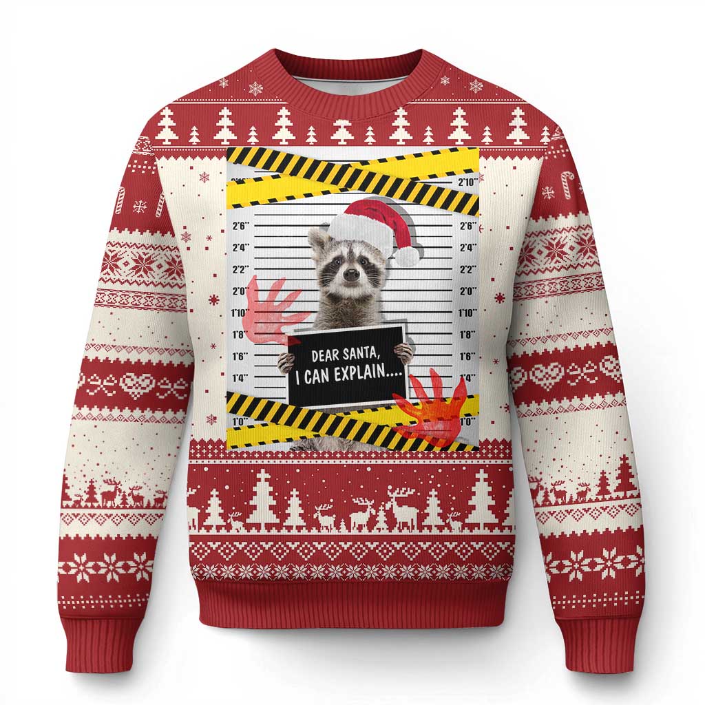 Red crewneck Christmas sweater with raccoon graphic and Dear Santa text