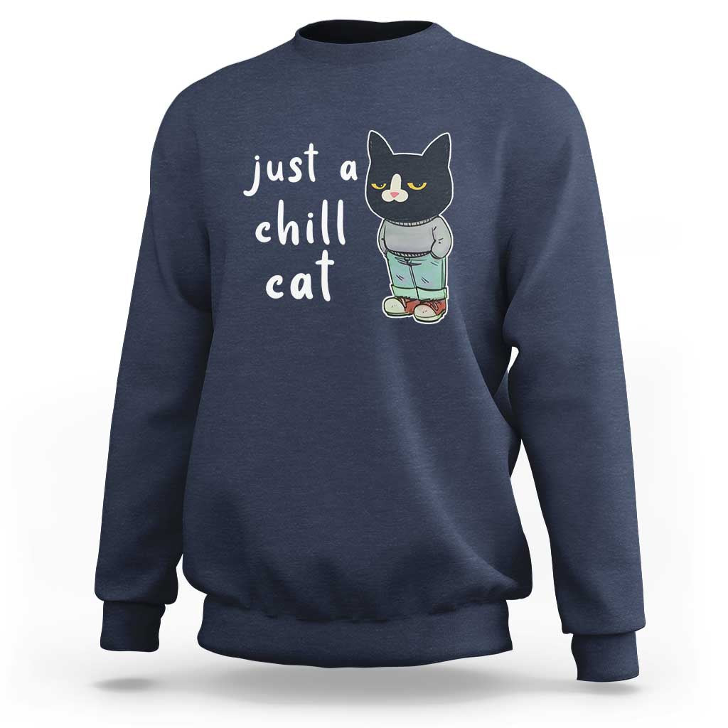 Navy blue cat graphic crewneck sweatshirt with 'just a chill cat' text