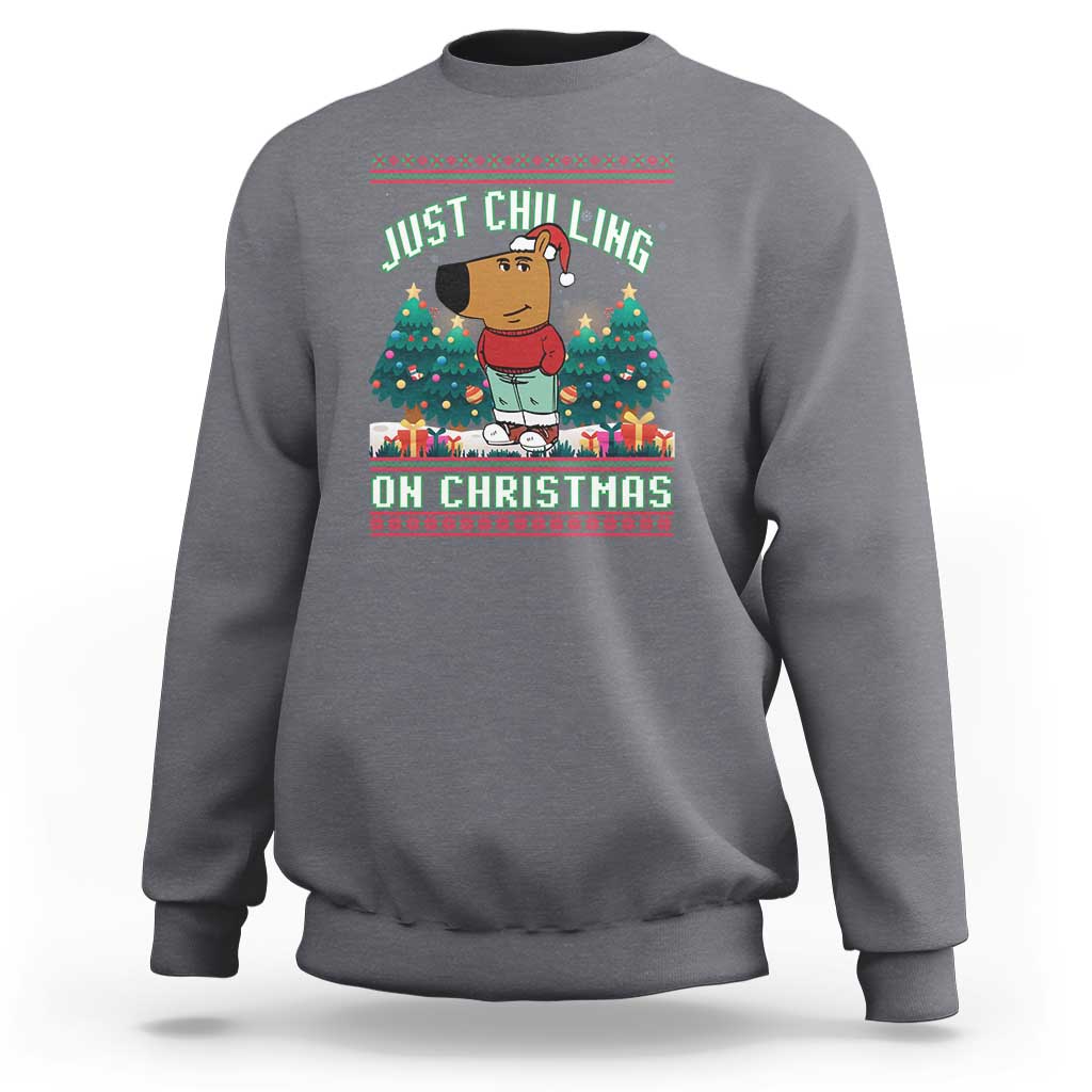 Charcoal gray crewneck sweatshirt with Christmas graphic: JUST CHILLING ON CHRISTMAS