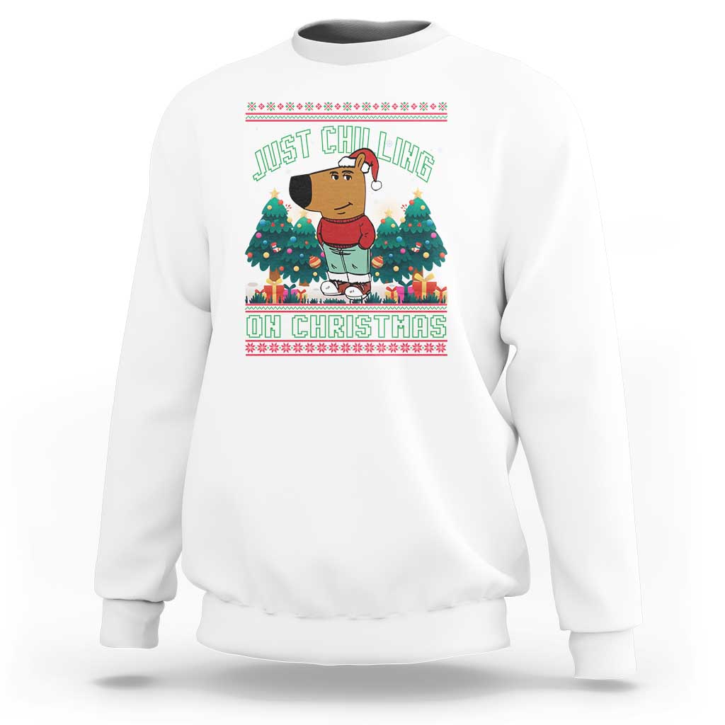 White crewneck sweatshirt with Christmas graphic: JUST CHILLING ON CHRISTMAS