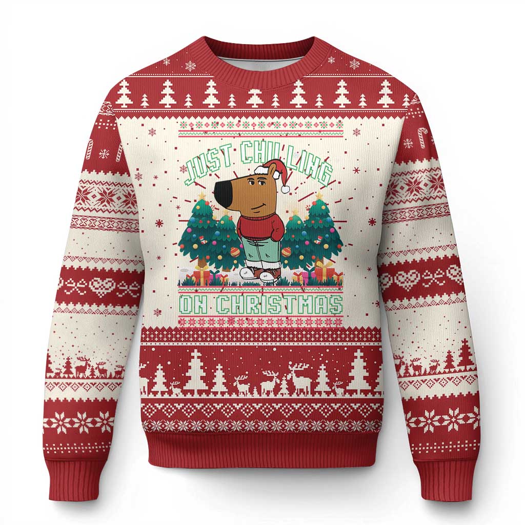 Red crewneck Christmas sweater with cartoon chill guy and tree-pattern cuffs