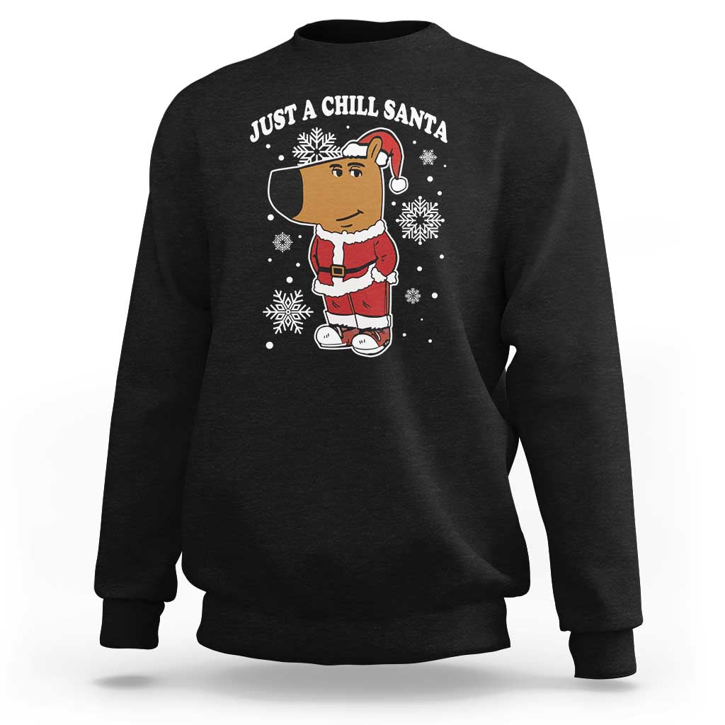 Black crewneck sweatshirt with "Just a Chill Santa" cartoon graphic on front