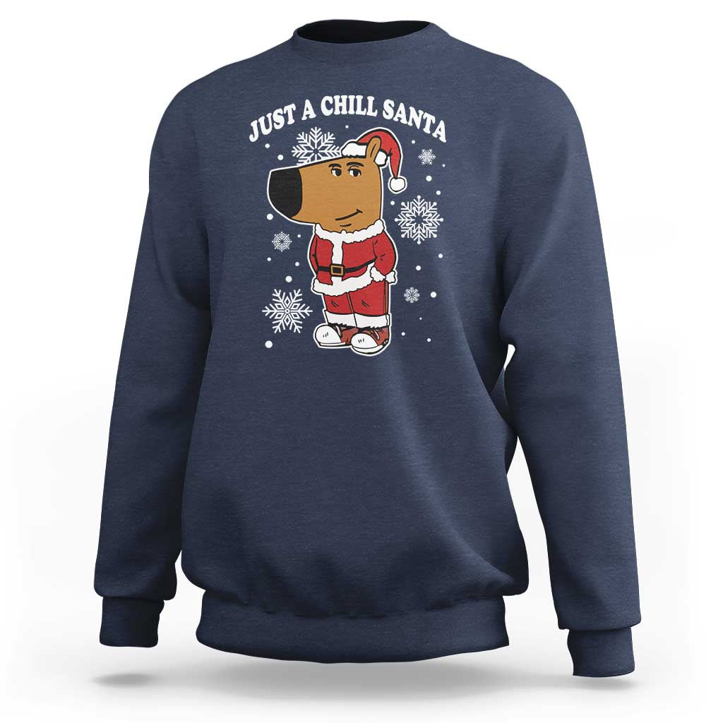 Navy crewneck sweatshirt with "Just a Chill Santa" cartoon graphic on front