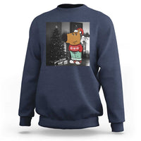 Blue crewneck sweatshirt with Christmas character graphic on front