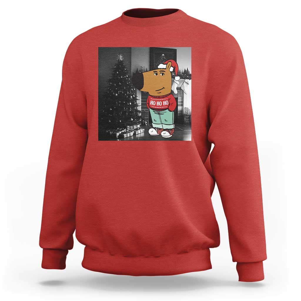 Red crewneck sweatshirt with Christmas character graphic on front pocket area