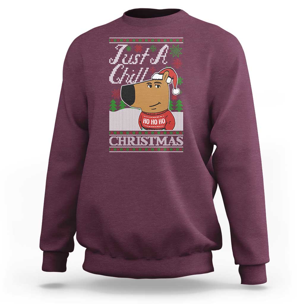 Christmas meme sweatshirt, maroon with cartoon Santa face and “CHRISTMAS” graphic