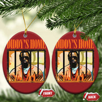 Two red round ornaments with gold hanging loops and DIDDY'S HOME graphic, front/back shown