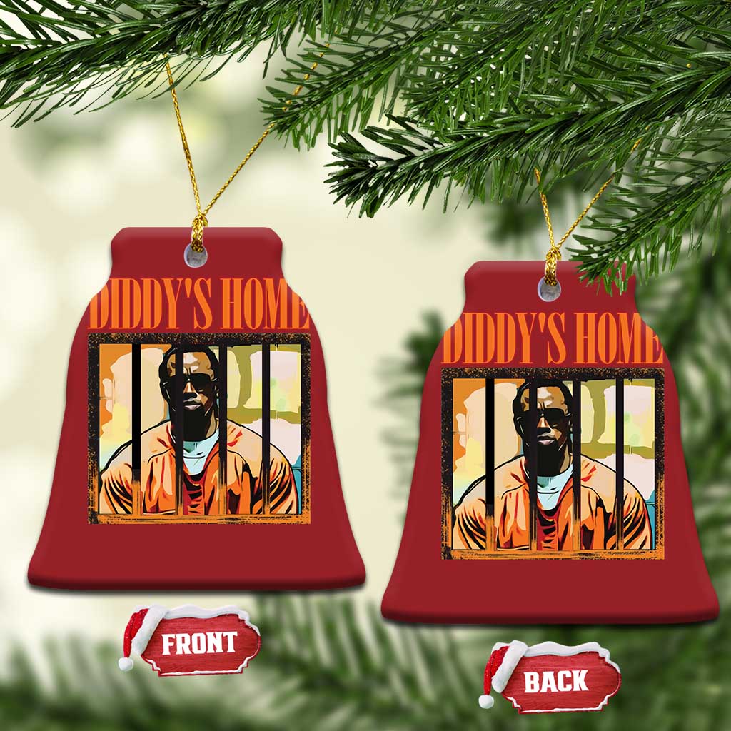 Pair of red bell ornaments with gold loops, DIDDY'S HOME graphic and FRONT/BACK labels