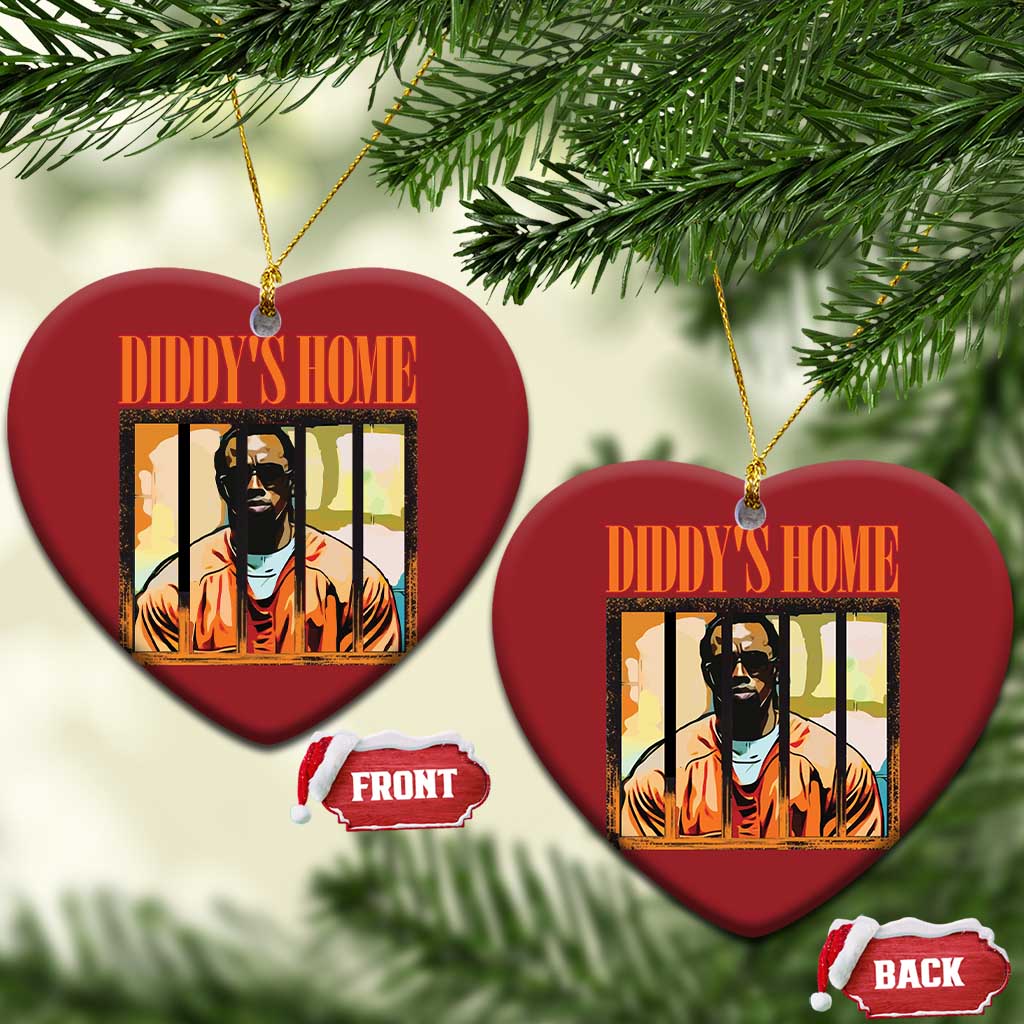 Two red heart ornaments with gold loops, DIDDY'S HOME graphic, FRONT and BACK labels