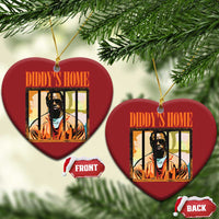 Two red heart ornaments with gold loops, DIDDY'S HOME graphic, FRONT and BACK labels