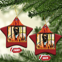 Two red star ornaments with gold loops, DIDDY'S HOME graphic, FRONT/BACK labels