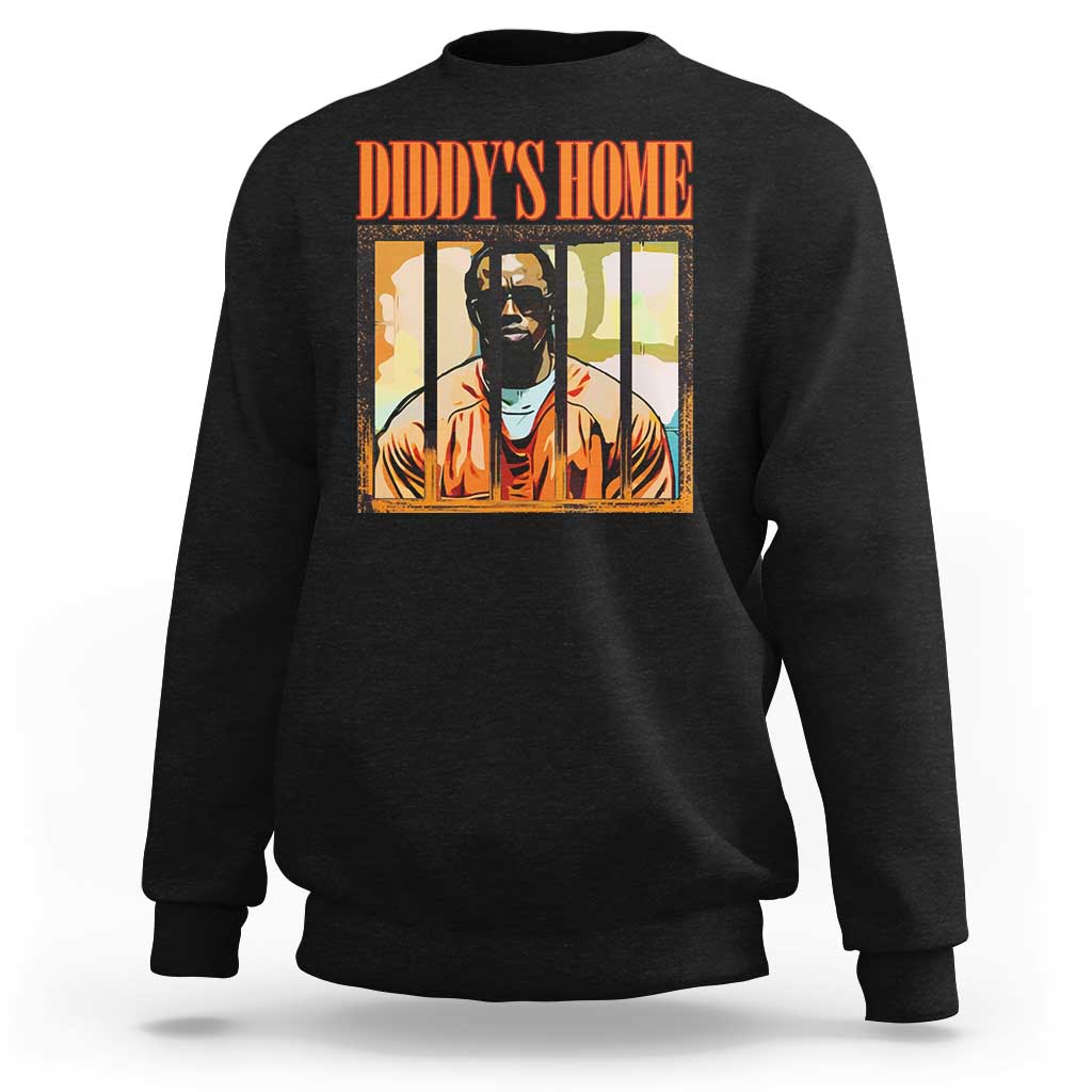 Black crewneck sweatshirt with “DIDDY’S HOME” graphic and portrait print on chest.
