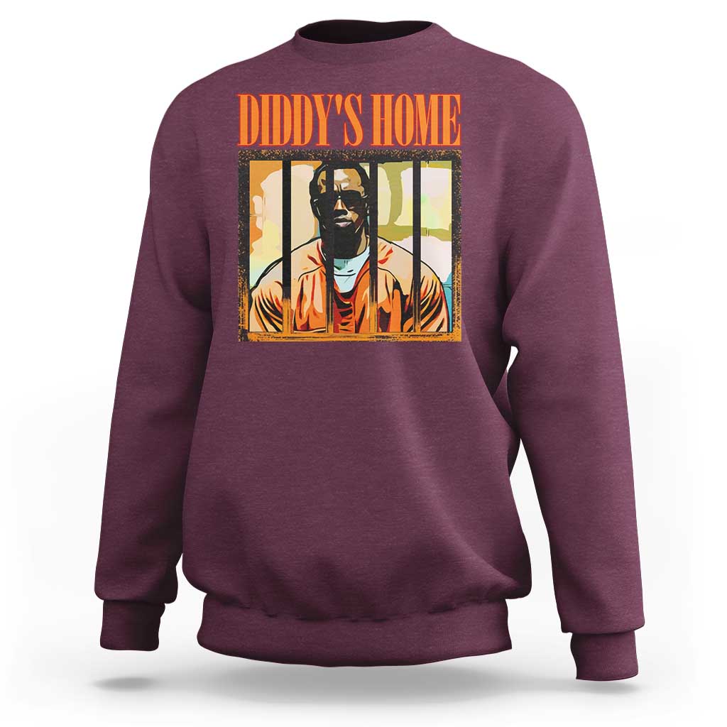 Maroon crewneck sweatshirt with “DIDDY’S HOME” graphic and portrait print on chest.