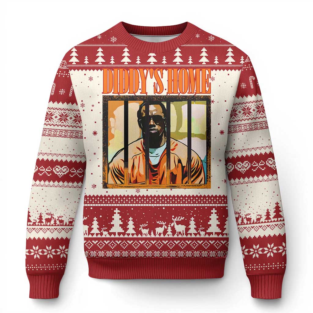 Ugly Christmas sweater in red and white with “DIDDY'S HOME” window graphic and trees