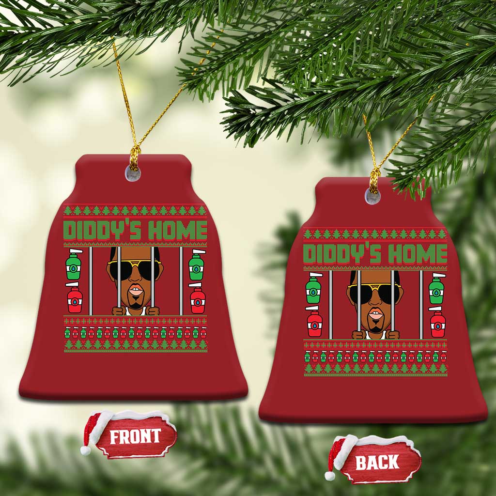Pair of red bell-shaped Christmas ornaments with 'DIDDY'S HOME' graphic; front and back tags.