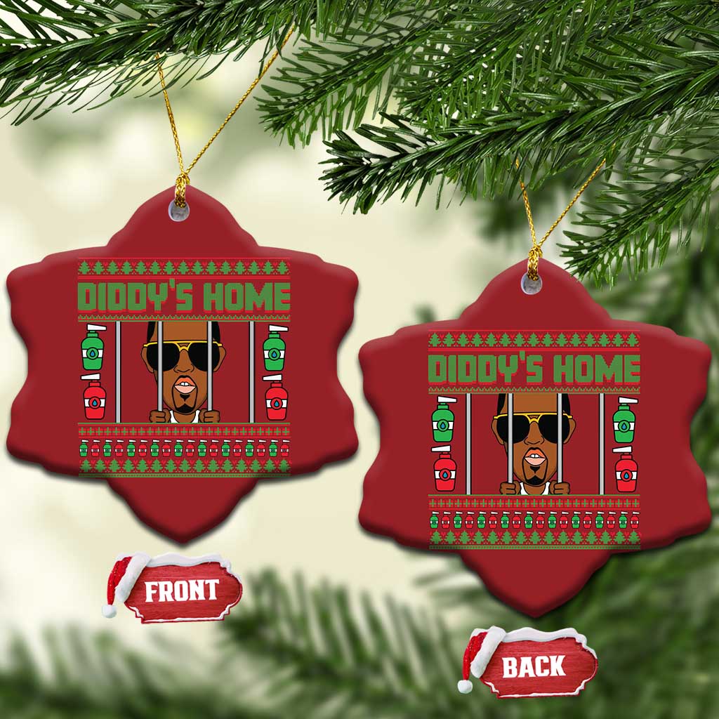 Pair of red shield-shaped Christmas ornaments with 'DIDDY'S HOME' graphic; front and back tags.
