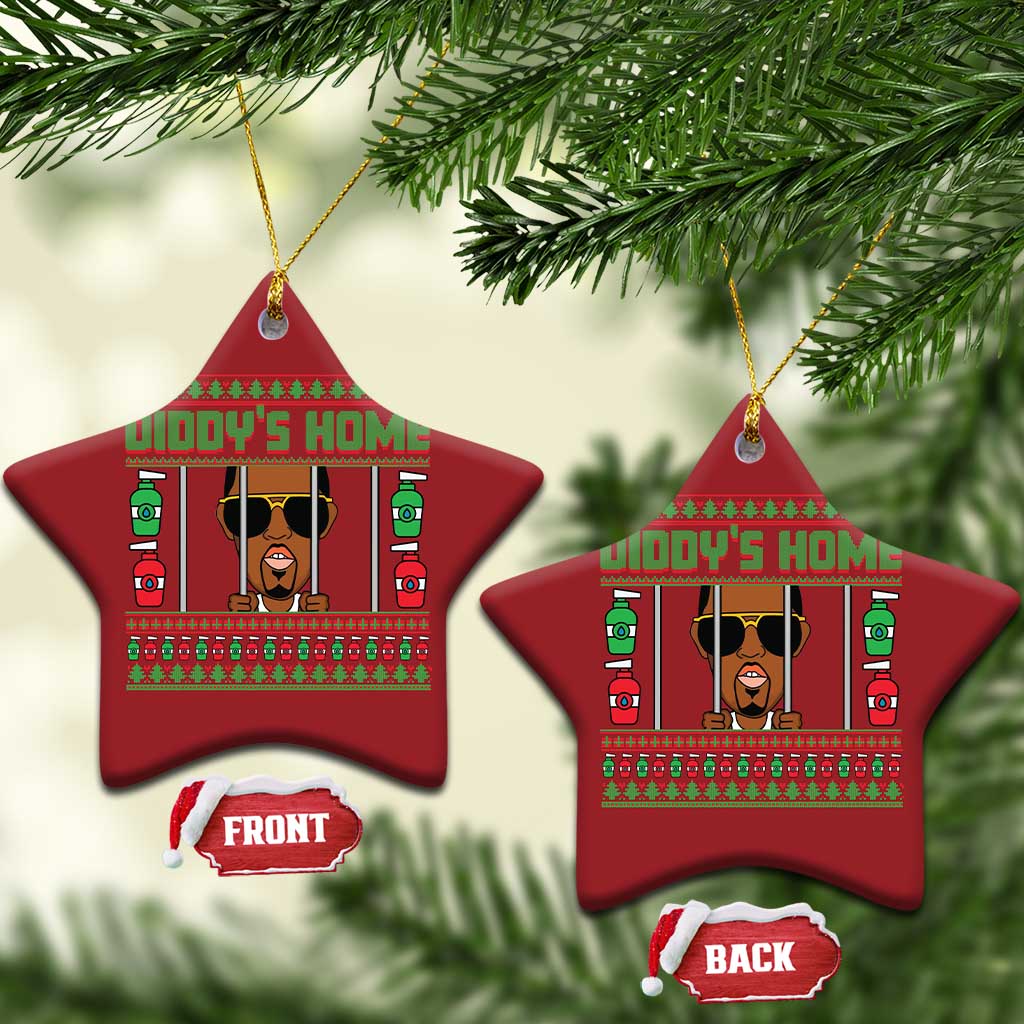 Pair of red star-shaped Christmas ornaments with 'DIDDY'S HOME' graphic; front and back tags.