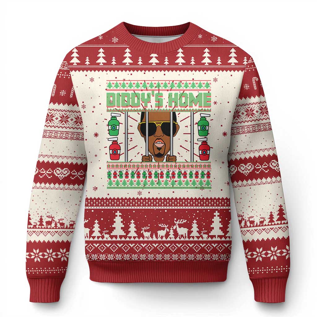 Red-and-white ugly Christmas sweater with fair isle trees and central party graphic