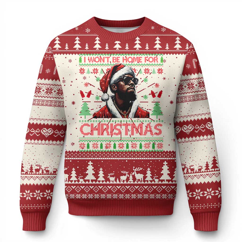 Red ugly Christmas crewneck sweater with face graphic and festive knit pattern, ribbed cuffs