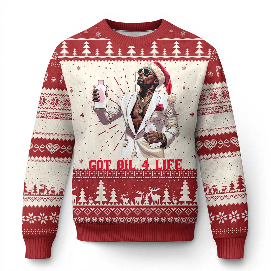 Red and cream ugly Christmas sweater with astronaut graphic and “GOT OIL 4 LIFE” text.