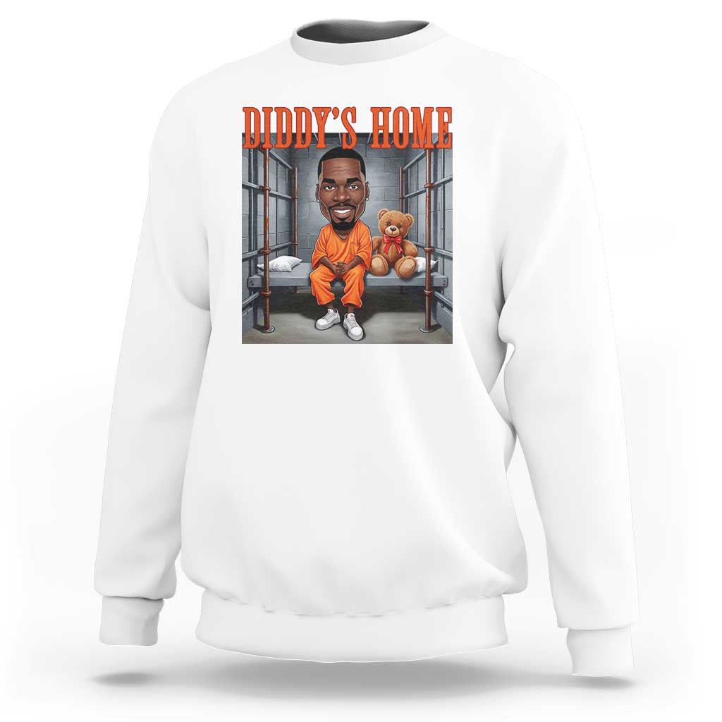 White crewneck sweatshirt with DIDDY'S HOME back graphic