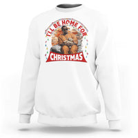 White crewneck sweatshirt with front Christmas graphic and greeting-style arch