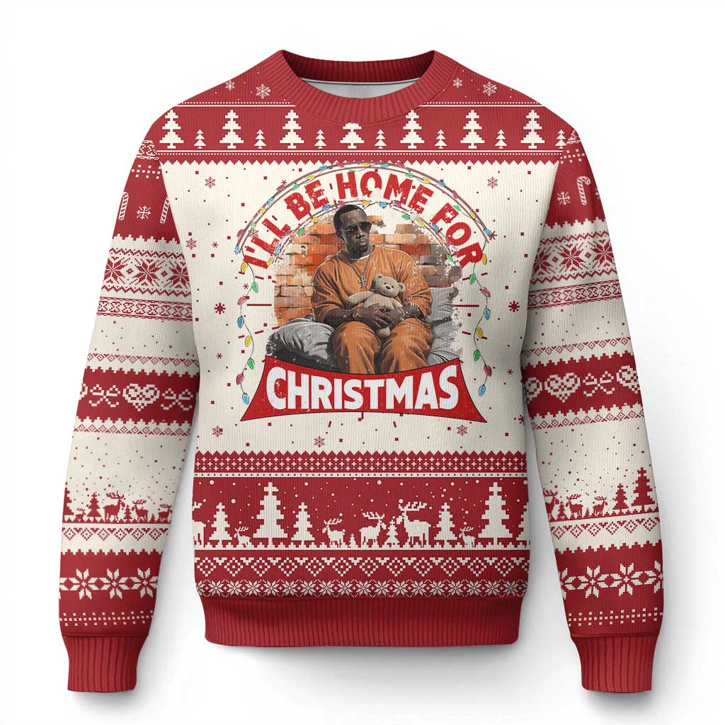 Red and white Christmas sweater with nativity graphic and holiday snowflake pattern