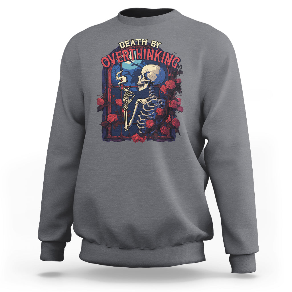 Charcoal gray crewneck sweatshirt with skeleton smoking graphic on front