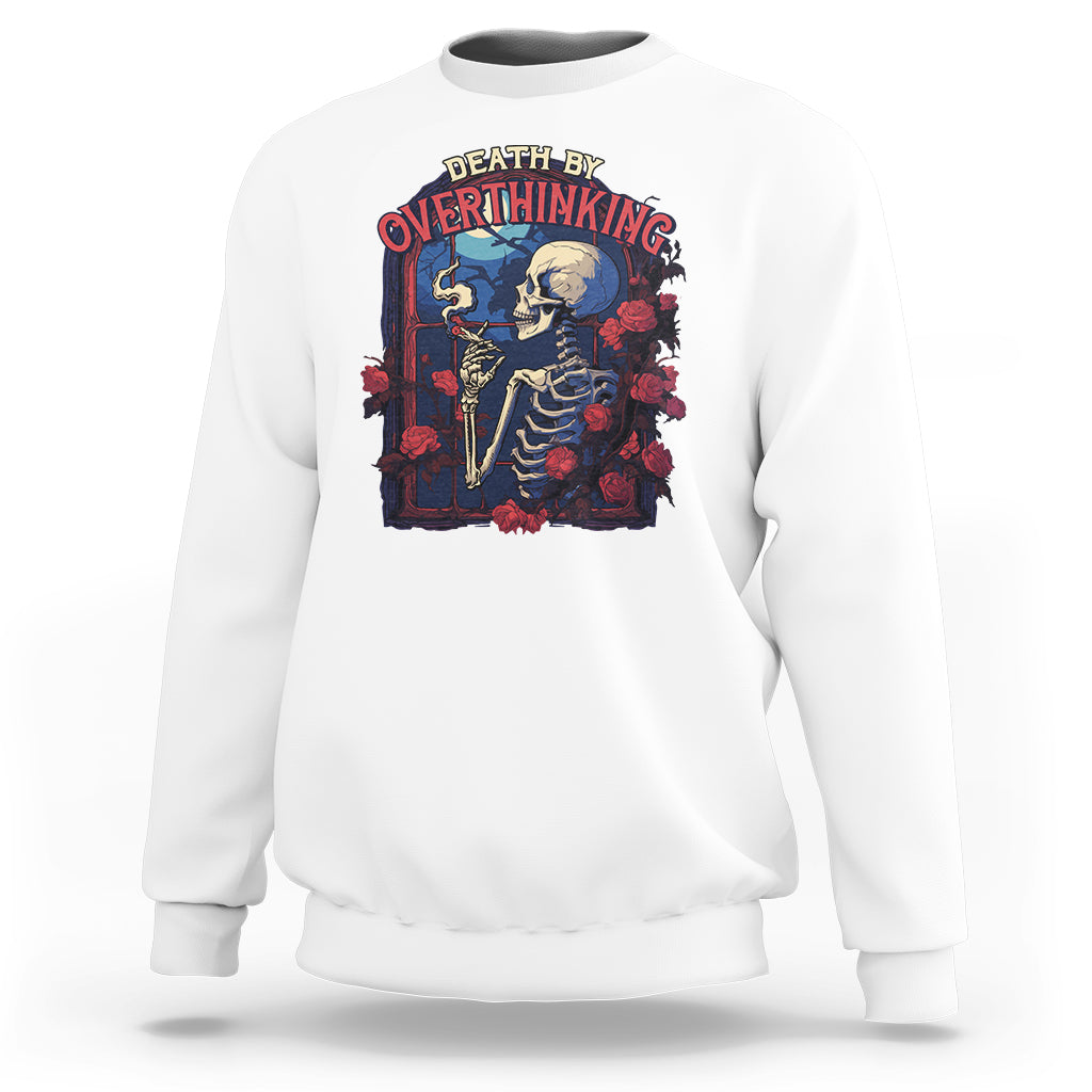 White crewneck sweatshirt with skeleton smoking graphic on front
