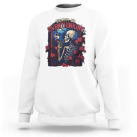 White crewneck sweatshirt with skeleton smoking graphic on front
