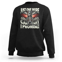 Black car lover sweatshirt with "Just One More" car graphic on back