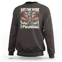 Dark chocolate car lover sweatshirt with "Just One More" car graphic on back