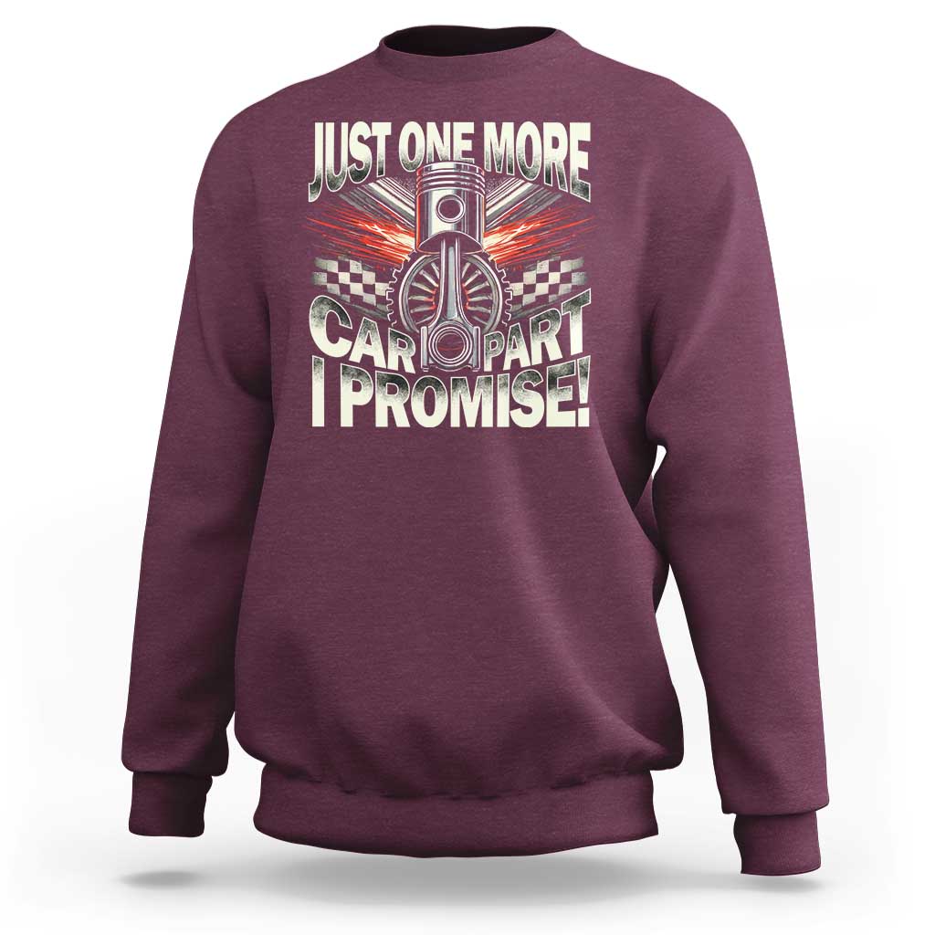 Maroon car lover sweatshirt with "Just One More" car graphic on back