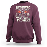 Maroon car lover sweatshirt with "Just One More" car graphic on back