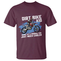 Kids dirt bike graphic T-shirt, maroon crewneck tee with front bike artwork