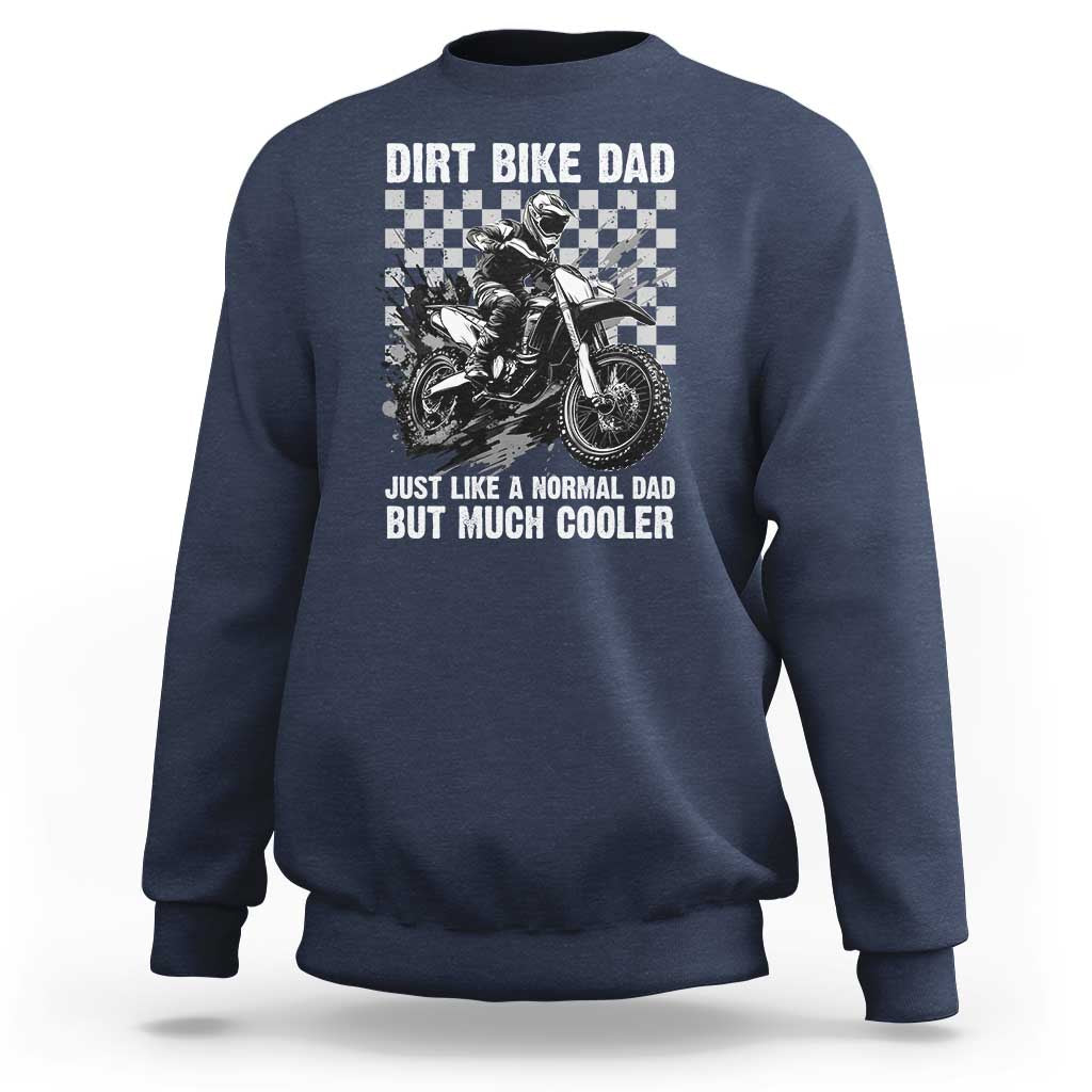 Navy long-sleeve sweatshirt with dirt bike graphic and bold text on the chest