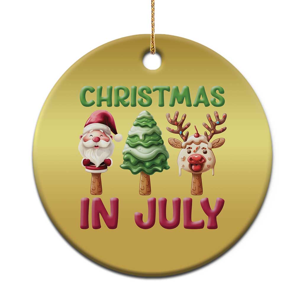 Gold round Christmas in July ornament with Santa, tree and reindeer
