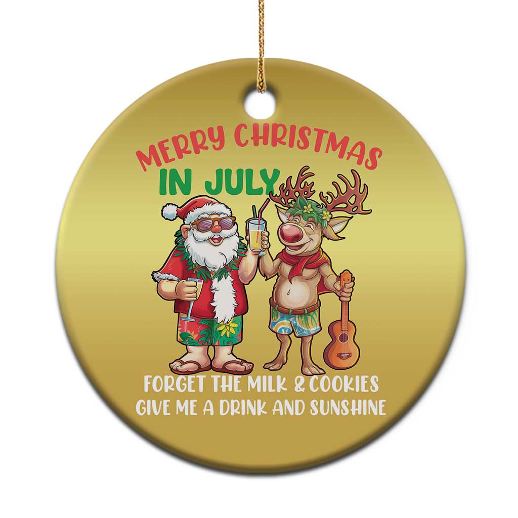 Gold round ornament with “Merry Christmas in July” Santa and reindeer graphic