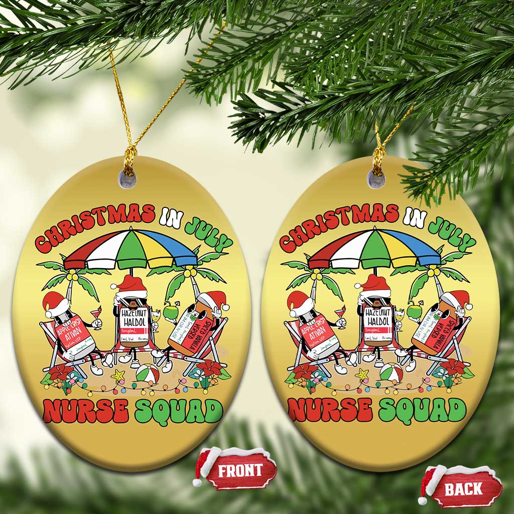 Two gold round Christmas ornaments with Nurse Squad graphic, hanging from tree branches.