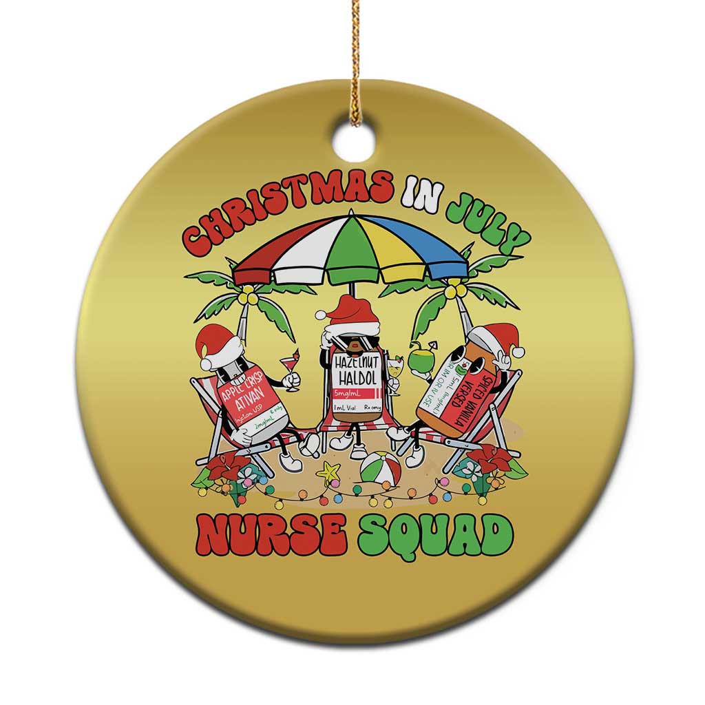 Gold round Christmas ornament with Nurse Squad illustration and hanging gold cord.