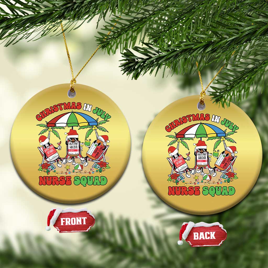 Two gold round Christmas ornaments with Nurse Squad graphic, hanging from gold cords.