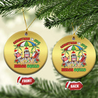 Two gold round Christmas ornaments with Nurse Squad graphic, hanging from gold cords.