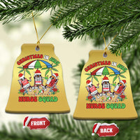 Gold bell-shaped Christmas ornament with Nurse Squad graphic and hanging gold cord.