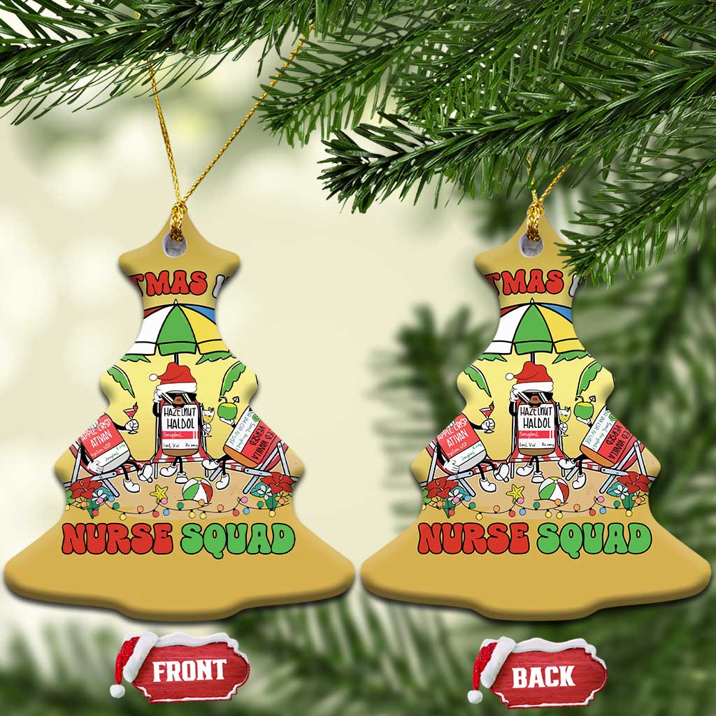 Gold bell-shaped Nurse Squad Christmas ornaments with hanging cords; front and back tags.