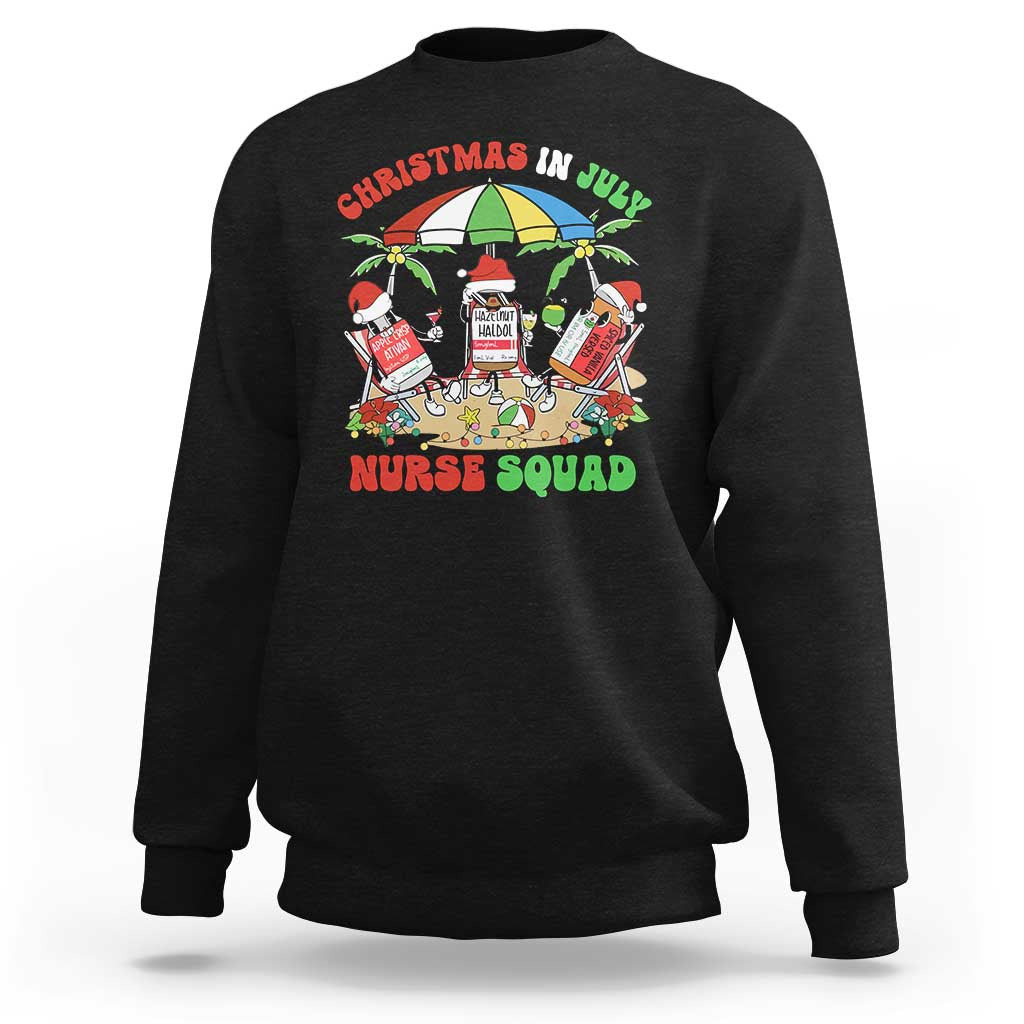 Black crewneck sweatshirt with colorful Nurse Squad holiday graphic on front