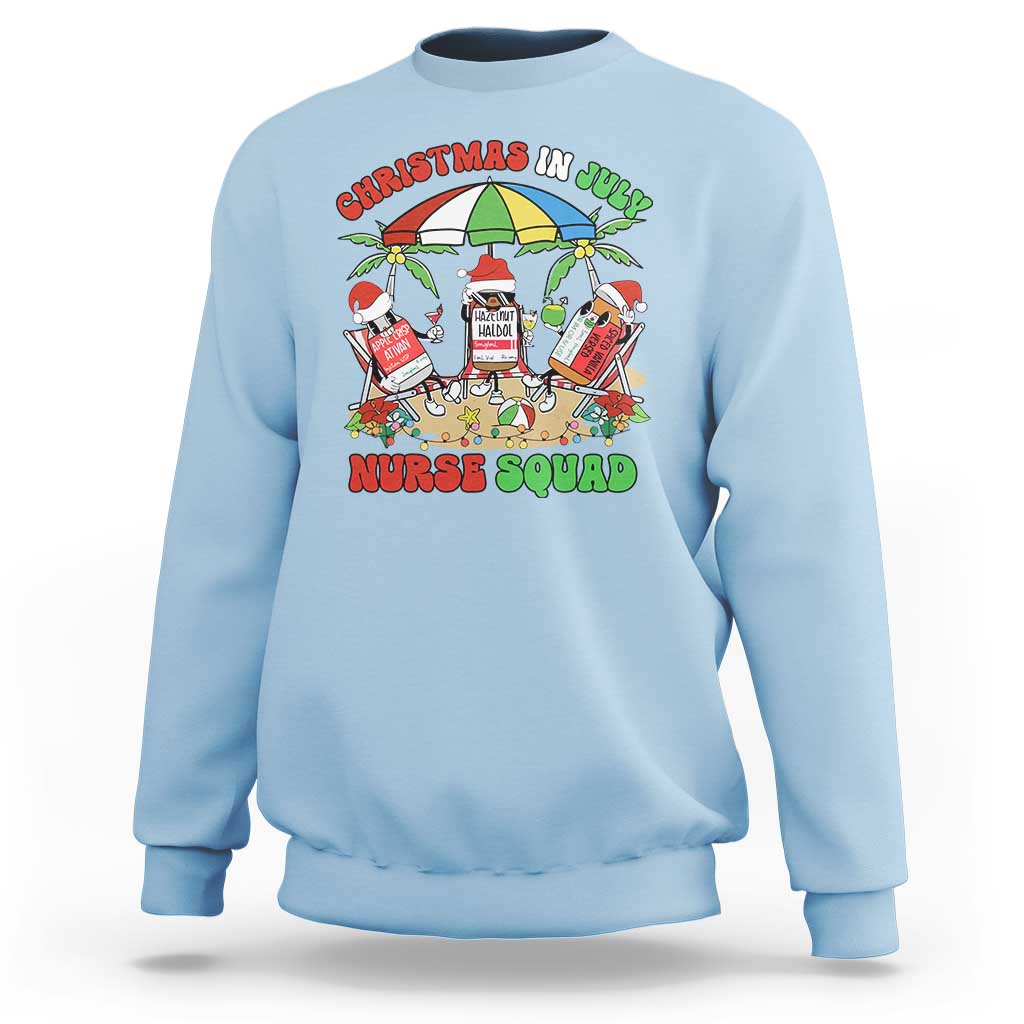 Light blue crewneck sweatshirt with colorful Nurse Squad holiday graphic on front